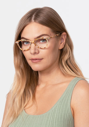 AMELIA | Frappe Handcrafted, luxury green patterned acetate cat-eye KREWE eyeglasses womens model | Model: Maritza