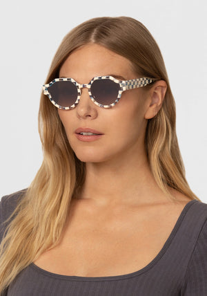KREWE - ASTOR | Gingham Mirrored Handcrafted, luxury blue and white checkered sunglasses womens model | Model: Maritza