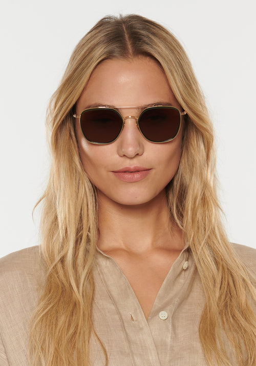 AUSTIN | 18K Titanium + Bottle Green + Zulu Handcrafted, luxury titanium and dark green acetate aviator KREWE sunglasses with brown tortoise temple tips Matthew McConaughey sunglasses womens model | Model: Erica