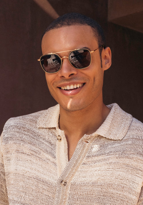 AUSTIN | 18K Titanium + Bottle Green + Zulu Handcrafted, luxury titanium and dark green acetate aviator KREWE sunglasses with brown tortoise temple tips Matthew McConaughey sunglasses mens model campaign | Model: Jeffrey