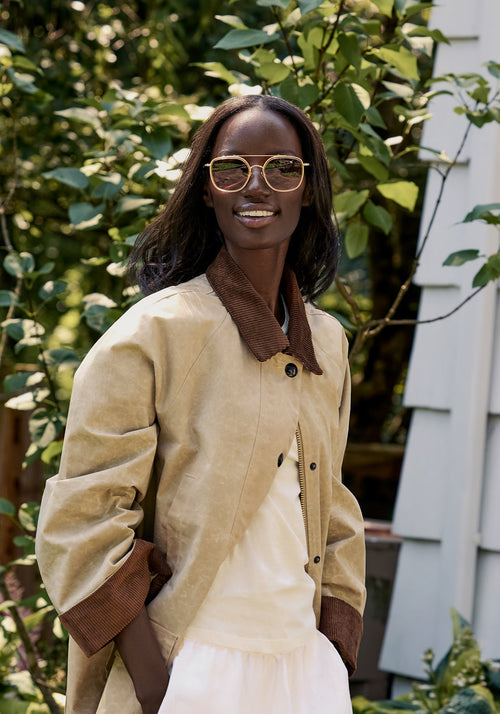 AUSTIN | Champagne 18K Titanium Polarized Handcrafted, Luxury Yellow Acetate KREWE sunglasses womens model campaign | Model: Brenda