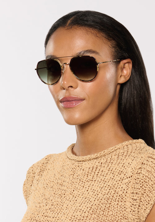 BAKER | 12K Titanium + Patagonian Handcrafted, luxury dark brown tortoise aviator KREWE sunglasses womens model | Model: Sasha