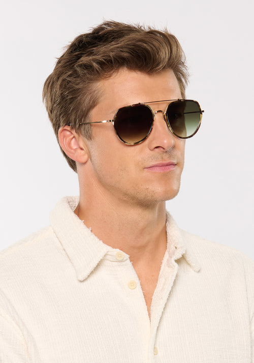 BAKER | 12K Titanium + Patagonian Handcrafted, luxury dark brown tortoise aviator KREWE sunglasses mens model | Model: Ben