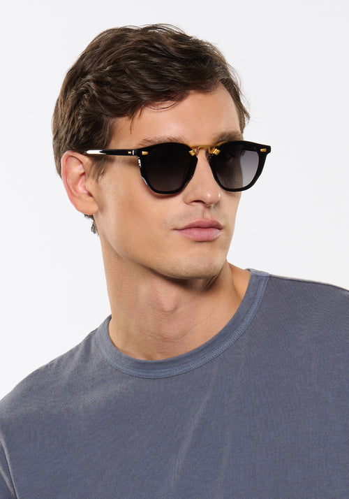 KREWE BEAU NYLON | Black + Shadow 24K Polarized Handcrafted, Black Acetate Luxury Sunglasses mens model | Model: Jegor