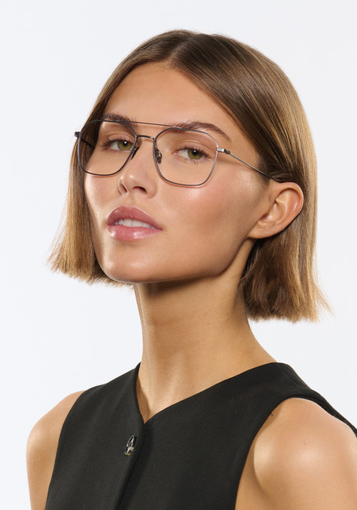 BERM | Matte Raw Titanium Handcrafted, luxury titanium metal aviator KREWE eyeglasses womens model | Model: Michelle