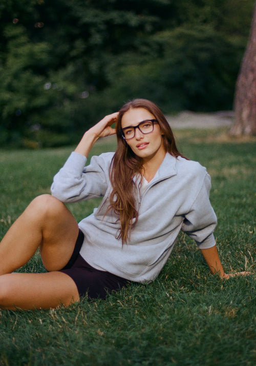 BOOKER | Rhodes + Oceana Handcrafted, luxury blue and brown acetate large square rectangle KREWE eyeglasses womens model | Model: Sam