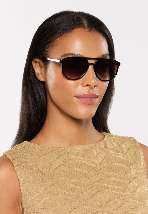 BRANDO | Black + Black Tea Handcrafted, luxury black acetate KREWE sunglasses womens model | Model: Sasha