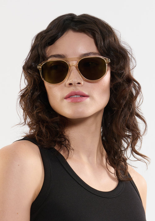 BRANDO | Champagne + Iberia Polarized Handcrafted, luxury grass green acetate aviator polarized KREWE sunglasses womens model | Model: Ione