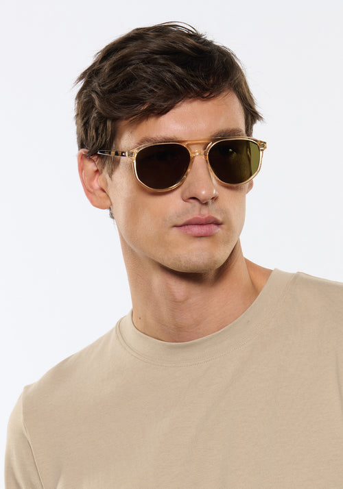 BRANDO | Champagne + Iberia Polarized Handcrafted, luxury grass green acetate aviator polarized KREWE sunglasses mens model | Model: Jegor