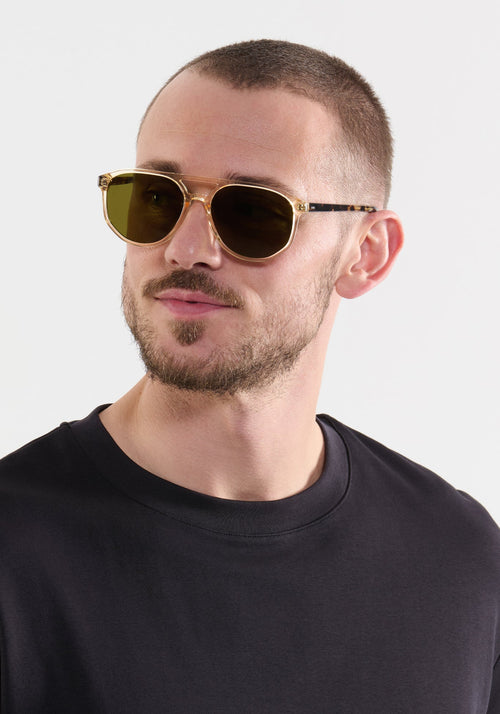 BRANDO | Champagne + Iberia Polarized Handcrafted, luxury grass green acetate aviator polarized KREWE sunglasses mens model | Model: Connor