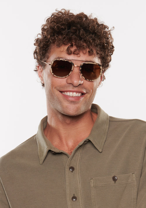 BRETON | Matte Oyster 24K Polarized Handcrafted, luxury tortoise acetate KREWE aviator sunglasses mens model | Model: Miguel