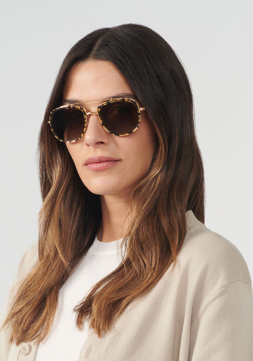 BRETON | Zulu 24K Polarized Handcrafted, luxury brown tortoise acetate KREWE aviator sunglasses womens model | Model: Olga