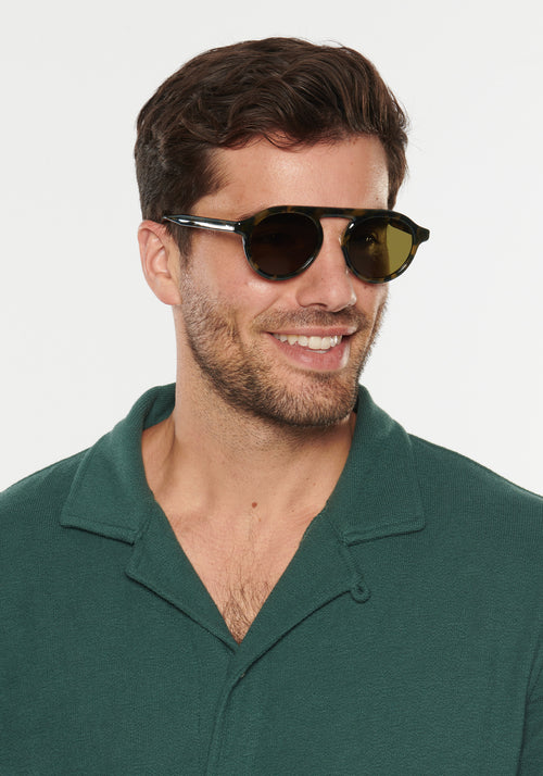 CAMERON | Tortuga Polarized Handcrafted, luxury dark brown acetate round aviator KREWE sunglasses mens model | Model: Douglas