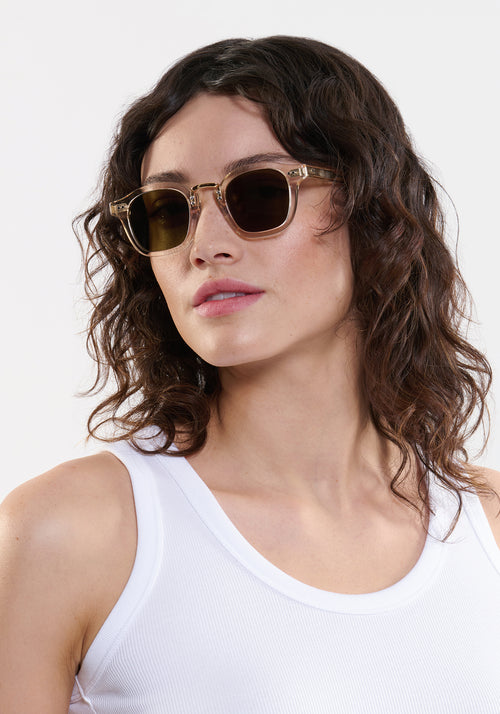 CAMPBELL | Haze 18K Handcrafted polarized, luxury champagne pearlescent acetate medium round KREWE sunglasses with gold stainless steel metal hardware womens model | Model: Ione