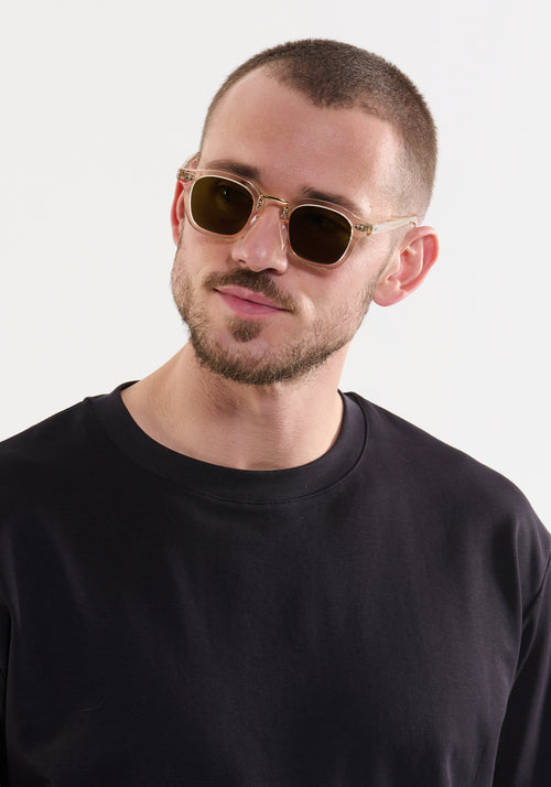 CAMPBELL | Haze 18K Handcrafted polarized, luxury champagne pearlescent acetate medium round KREWE sunglasses with gold stainless steel metal hardware mens model | Model: Connor