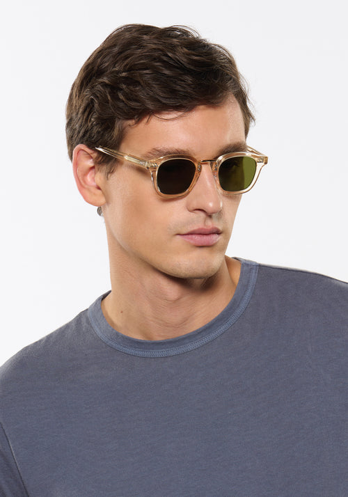 CAMPBELL | Haze 18K Handcrafted polarized, luxury champagne pearlescent acetate medium round KREWE sunglasses with gold stainless steel metal hardware mens model | Model: Jegor