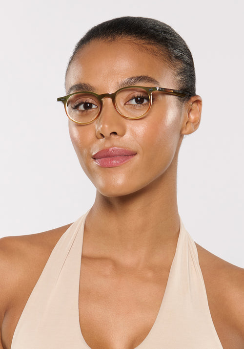CARSON | Wasabi Handcrafted, luxury green orange gradient acetate small round KREWE eyeglasses womens model | Model: Sasha