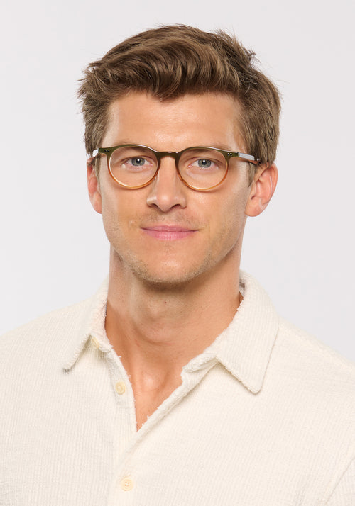 CARSON | Wasabi Handcrafted, luxury green orange gradient acetate small round KREWE eyeglasses mens model | Model: Ben