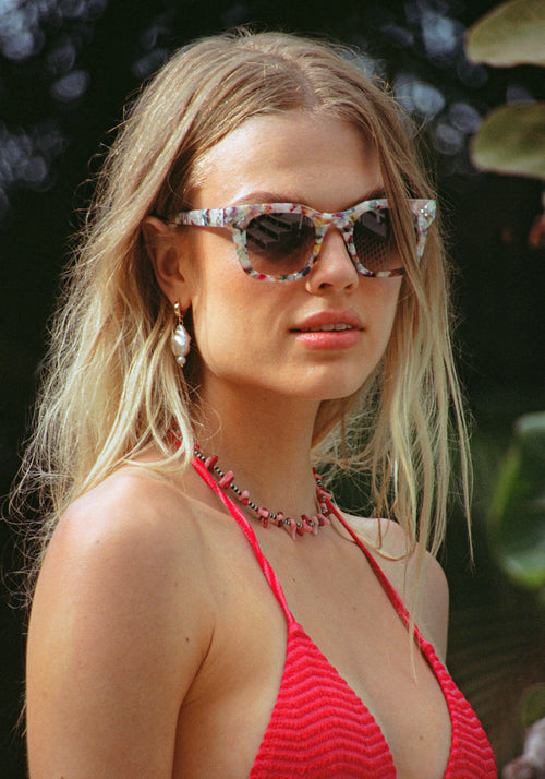 CELESTE | Handcrafted, gelato acetate medium sized square cat eye KREWE sunglasses womens model | Model: Chané