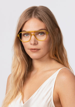 CHARLIE | Chartreuse Handcrafted, luxury yellow green acetate oversized aviator KREWE eyeglasses womens model | Model: Maritza