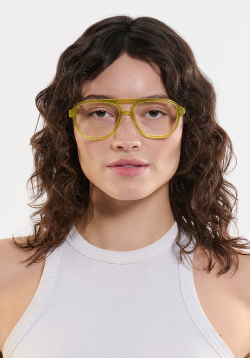 CHARLIE | Chartreuse Handcrafted, luxury yellow green acetate oversized aviator KREWE eyeglasses womens model | Model: Ione