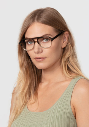 CHARLIE | Walnut Handcrafted, luxury brown acetate oversized aviator KREWE eyeglasses womens model | Model: Maritza