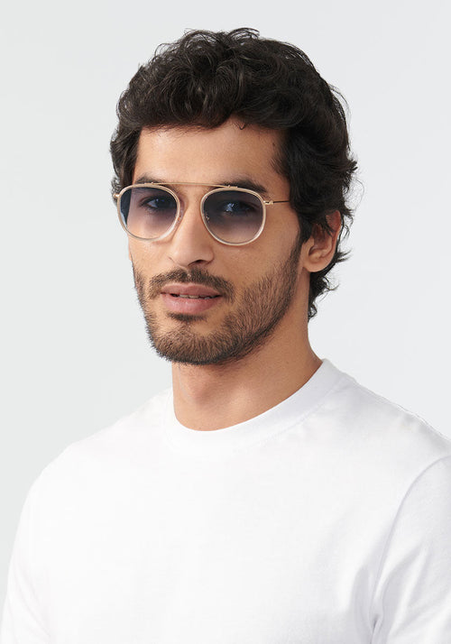 KREWE SUNGLASSES - CHARTRES | Crystal 24K + Custom Vanity Tint Handrafted, luxury 24k gold plated aviators with custom blue gradient tinted lenses mens model | Model: Mo