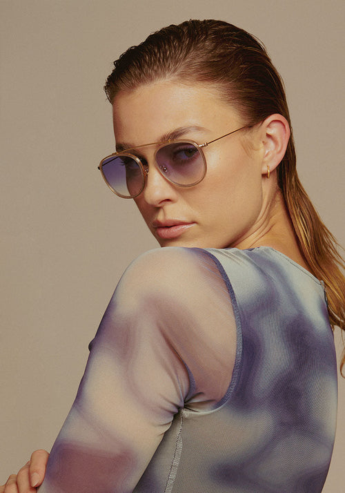 KREWE SUNGLASSES - CHARTRES | Crystal 24K + Custom Vanity Tint Handrafted, luxury 24k gold plated aviators with custom blue gradient tinted lenses womens model | Model: Keke