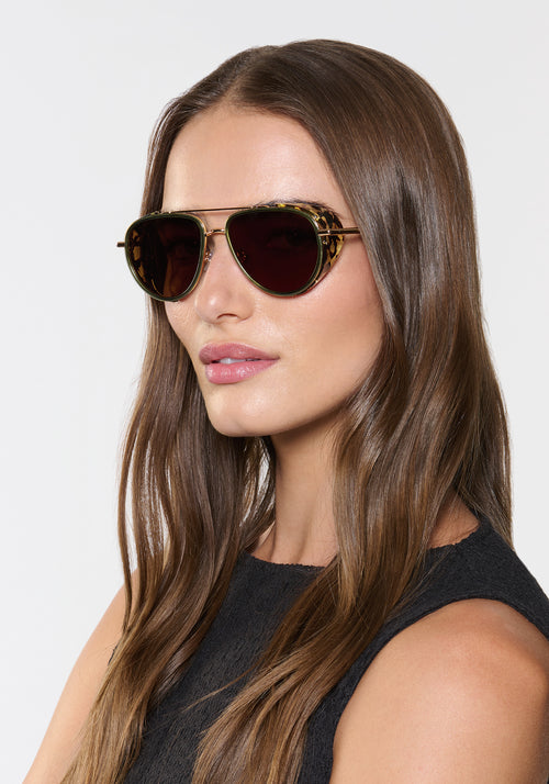 COLEMAN BLINKER | 18K Bottle Green + Zulu Handcrafted, luxury green and brown tortoise acetate large aviator KREWE sunglasses with blinkers womens model | Model: Sam