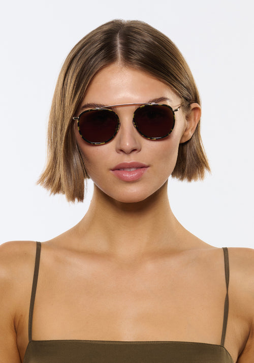 CHARTRES | 12K + Tortuga Noir Handcrafted, luxury dark brown acetate and stainless steel round aviator KREWE sunglasses womens model | Model: Michelle
