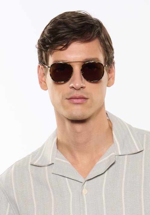CHARTRES | 12K + Tortuga Noir Handcrafted, luxury dark brown acetate and stainless steel round aviator KREWE sunglasses mens model | Model: Jegor