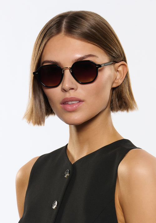 DAKOTA | Black 18K Handcrafted, luxury, Black acetate with gold bridge and hardware KREWE sunglasses womens model | Model: Michelle