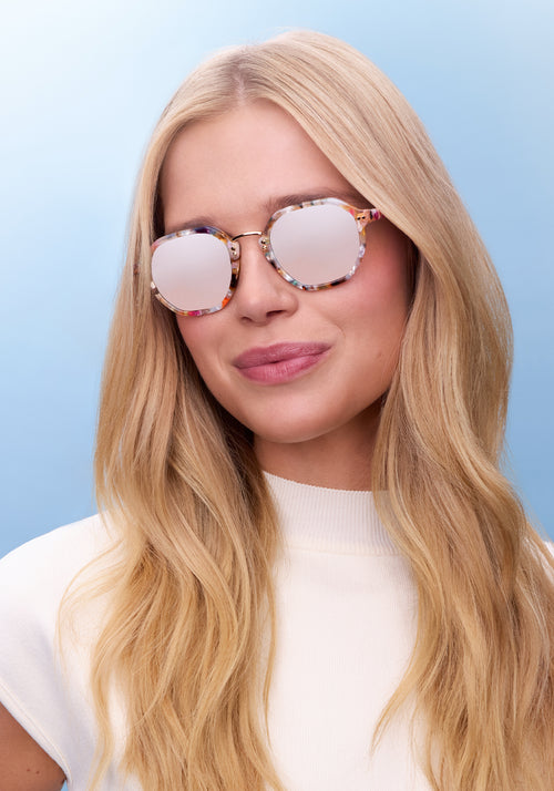 KREWE DAKOTA | Gelato Mirrored Handcrafted, luxury, deisgner multicolored acetate sunglasses womens model campaign | Model: Emily U.