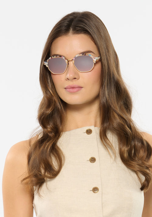 DAKOTA REVIVAL | Gelato 18K Mirrored Handcrafted, luxury multicolored tortoise acetate geometric KREWE sunglasses womens model | Model: Kennidy