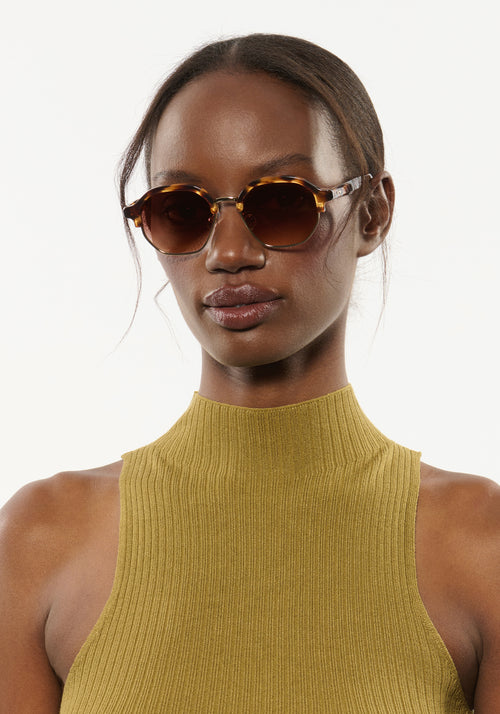 DAKOTA REVIVAL | Venezia 12K Handcrafted, luxury brown tortoise acetate geometric KREWE sunglasses womens model | Model: Brenda