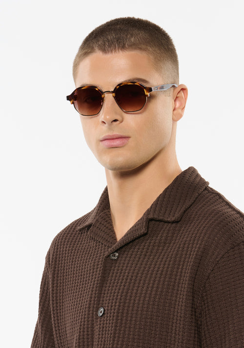 DAKOTA REVIVAL | Venezia 12K Handcrafted, luxury brown tortoise acetate geometric KREWE sunglasses mens model | Model: Joey