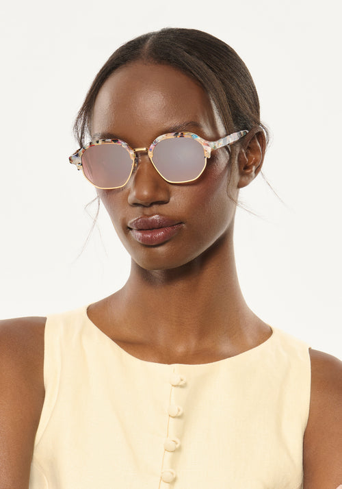 DAKOTA REVIVAL | Gelato 18K Mirrored Handcrafted, luxury multicolored tortoise acetate geometric KREWE sunglasses womens model | Model: Brenda