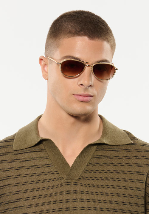 DALLAS | 12K Titanium + Champagne Handcrafted, luxury champagne yellow acetate KREWE aviator sunglasses with gold plated titanium hardware mens model | Model: Joey