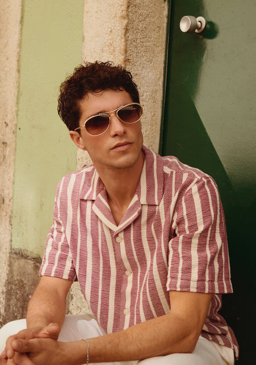 DALLAS | 12K Titanium + Champagne Handcrafted, luxury champagne yellow acetate KREWE aviator sunglasses with gold plated titanium hardware mens model | Model: Mateo
