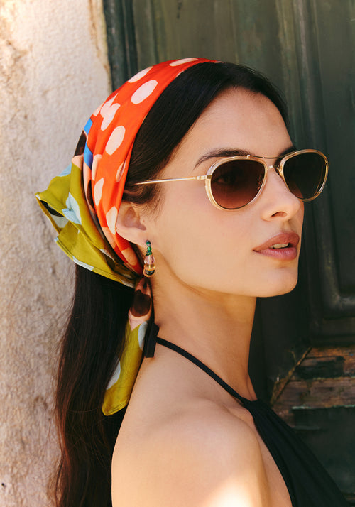 DALLAS | 12K Titanium + Champagne Handcrafted, luxury champagne yellow acetate KREWE aviator sunglasses with gold plated titanium hardware womens model | Model: Patricia