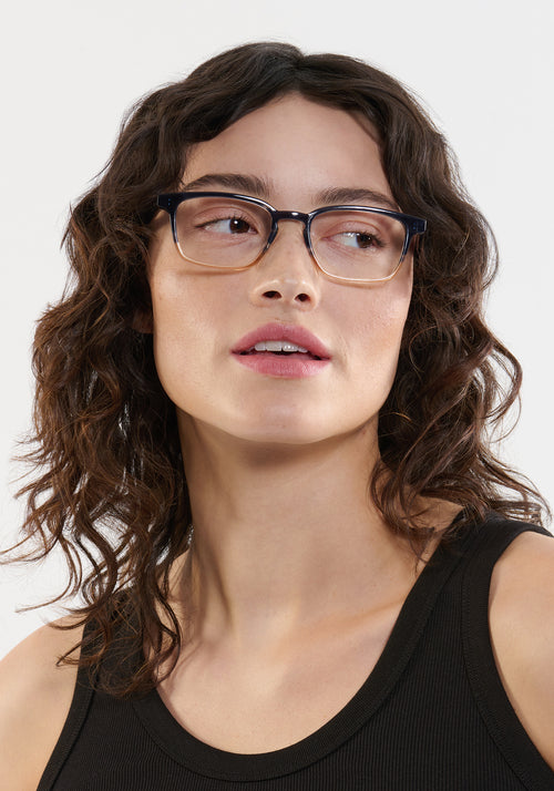 KREWE DAWSON | Comet + Twilight handcrafted, luxury yellow and navy split acetate eyeglasses womens model | Model: Ione