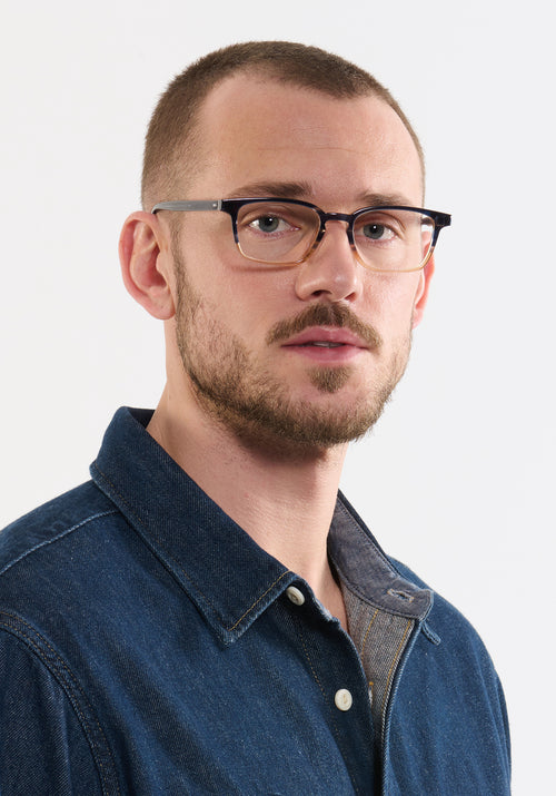 KREWE DAWSON | Comet + Twilight handcrafted, luxury yellow and navy split acetate eyeglasses mens model | Model: Connor