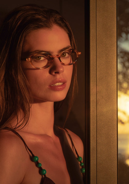 EDIE | Blush Tort Handcrafted, luxury brown and pink tortoise acetate small round oval KREWE eyeglasses womens model | Model: Gwen