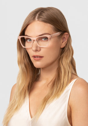 FLORENCE | Micro Plaid Handcrafted, luxury light pink checkered acetate oversized rectangular cat-eye KREWE eyeglasses womens model | Model: Maritza