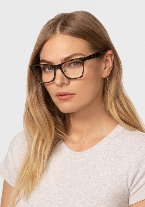 FLORENCE | Tortuga Handcrafted, luxury dark brown tortoise acetate oversized rectangular cat-eye KREWE eyeglasses womens model | Model: Maritza