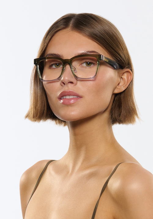 KREWE - FOSTER | Matcha Handcrafted, luxury blue and green acetate eyeglasses womens model | Model: Michelle
