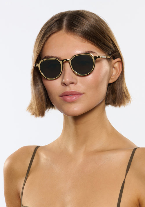 GALVAN| Handcrafted, luxury matte and gold chrome acetate medium sized geometric KREWE sunglasses womens model | Model: Michelle