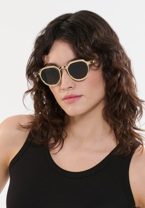 GALVAN| Handcrafted, luxury matte and gold chrome acetate medium sized geometric KREWE sunglasses womens model | Model: Ione