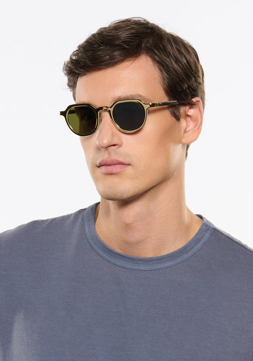 GALVAN| Handcrafted, luxury matte and gold chrome acetate medium sized geometric KREWE sunglasses mens model | Model: Jegor