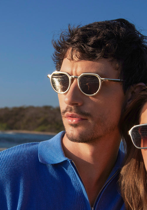 GALVAN| Handcrafted, luxury matte and gold chrome acetate medium sized geometric KREWE sunglasses mens model | Model: Jacob